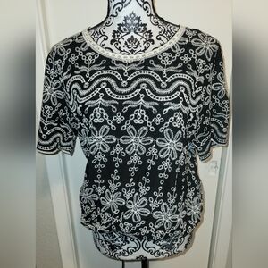 Solitaire‎ Black & Cream Embroidered Santorini Blouse Elastic Waistband L NWT